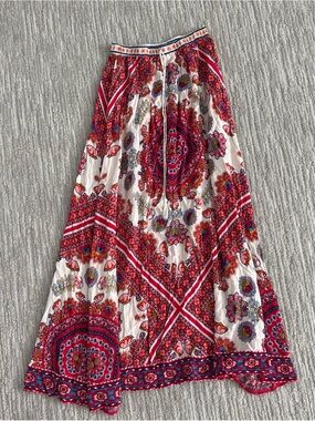 Boho Floral Maxi Skirt in Red and White
